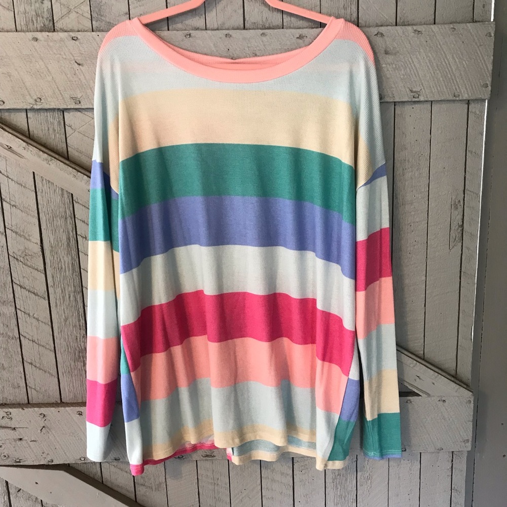 Boutique Teal Fuchsia and Coral Stripe Thermal Top